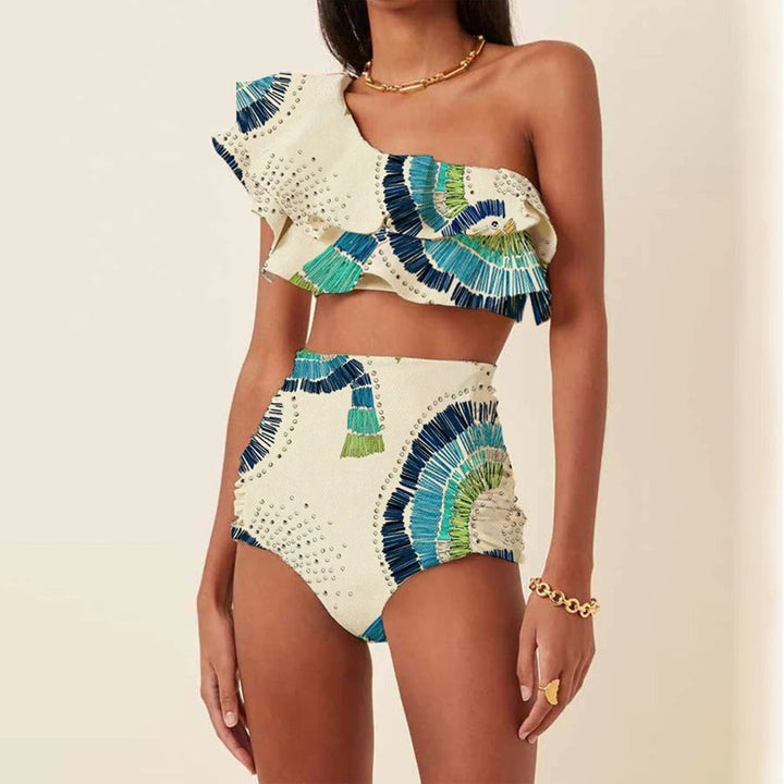 Elegant white one-shoulder bikini set with high-waist bottom, comfortable women's swimwear.