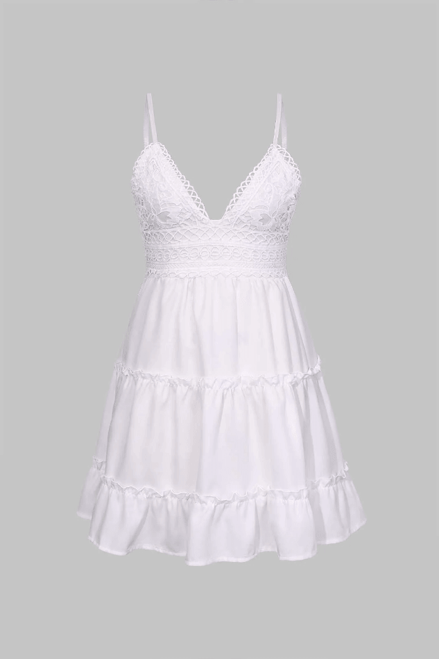Women's white V-neck ruffle mini dress, perfect for a chic summer day or casual party wear.
