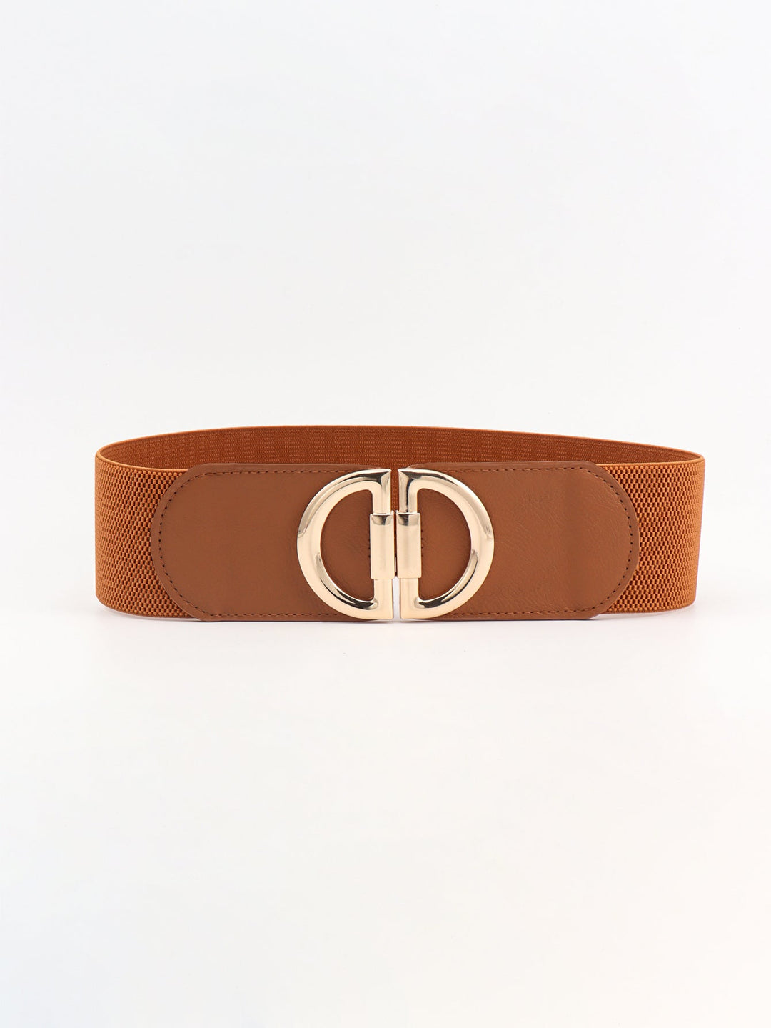 Modern women's wide elastic waist belt, a contemporary accessory with a stylish gold buckle.