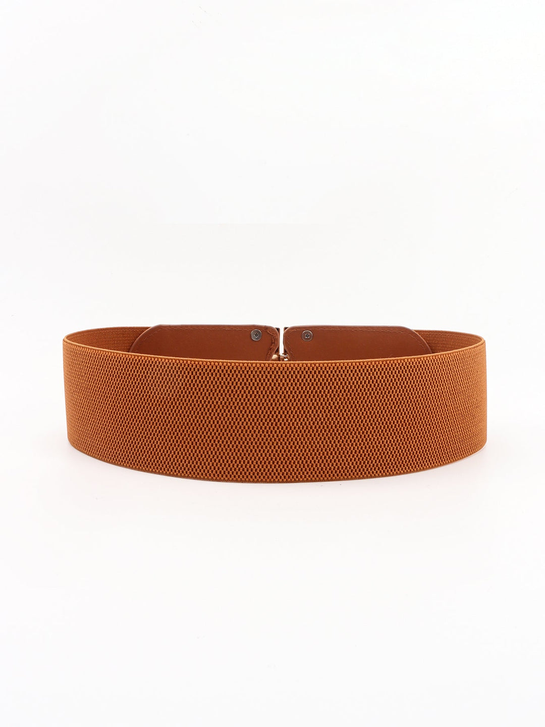 Women's wide elastic belt featuring a prominent, stylish gold buckle. A chic waist accessory.