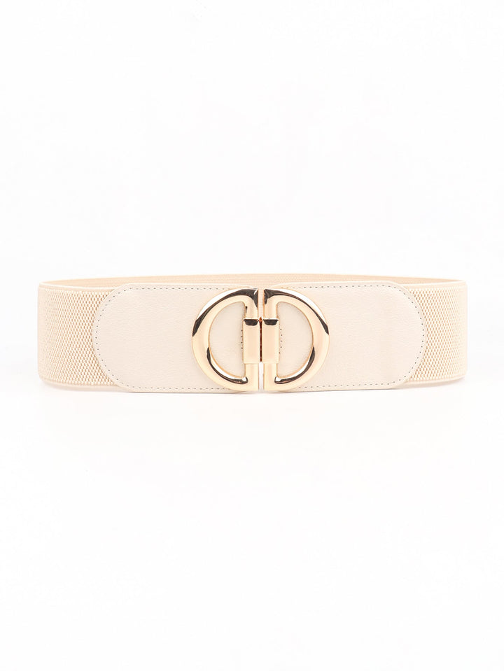 Women's wide stretch waist belt that shapes and flatters, finished with a stylish gold buckle.