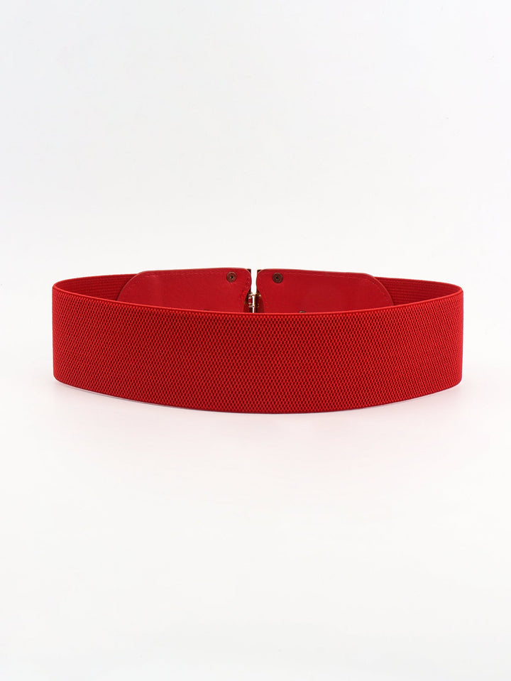 High-quality women's wide elastic waist belt, an adjustable fashion accessory with a stylish gold buckle.