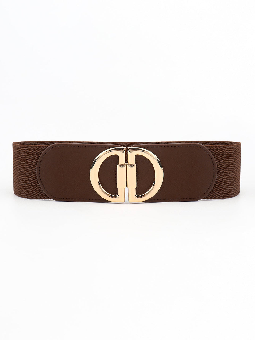 Fashionable women's wide waist belt with a distinctive gold buckle, an elegant accessory.