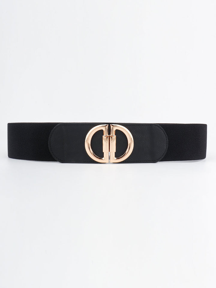 Elegant women's wide dress belt with a stylish gold buckle, cinching the waist for a flattering look.