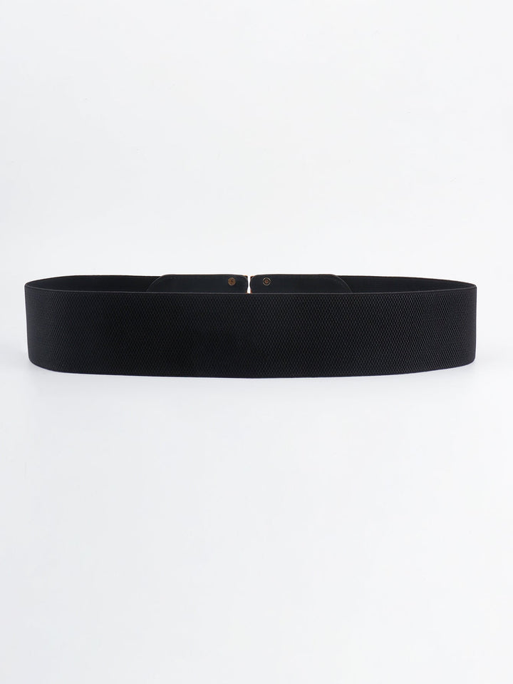 Stylish women's wide elastic waist belt, a chic fashion accessory with a prominent gold buckle.