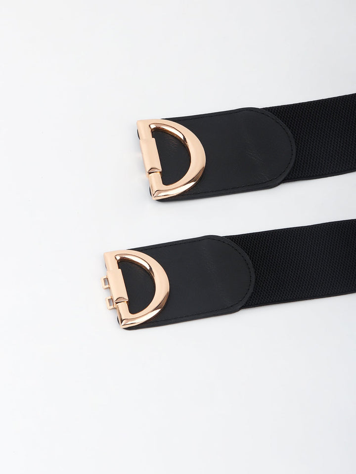 Adjustable women's wide elastic belt with a stylish gold buckle for a perfect, custom fit.