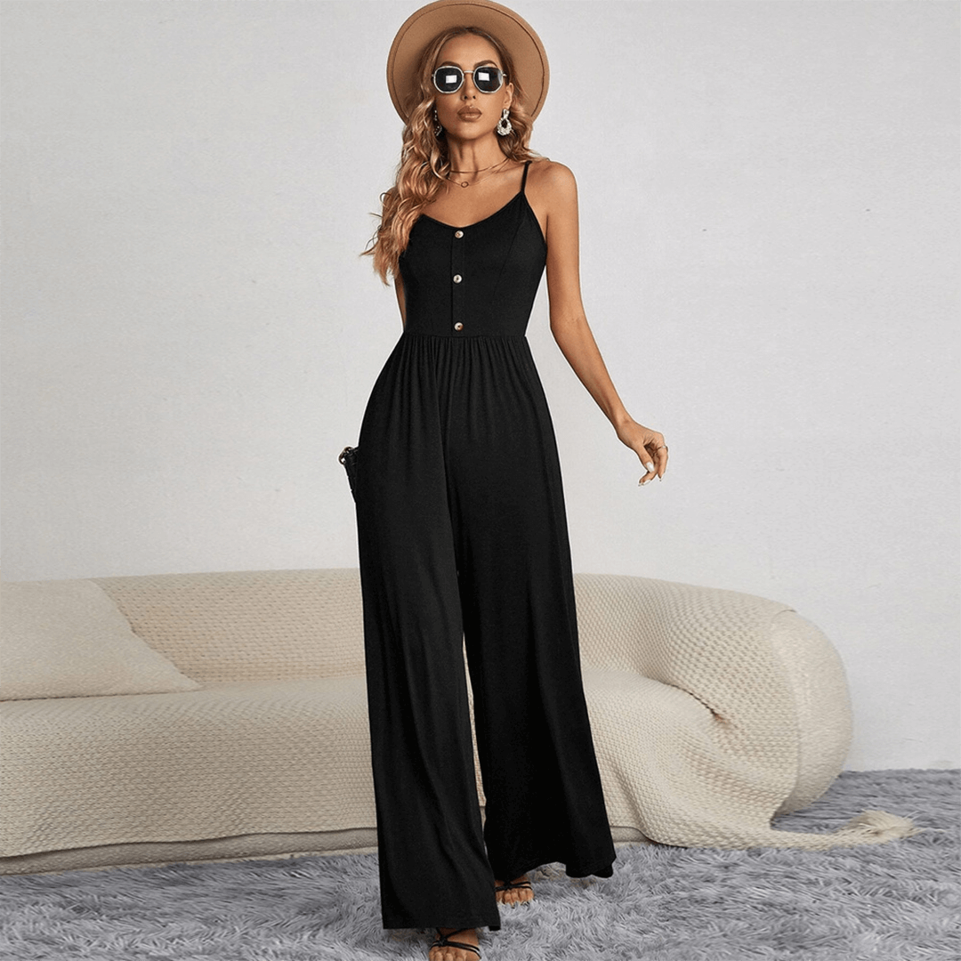 Spaghetti strap wide leg jumpsuit for women. Features a chic button front, ideal for casual or dressy occasions.