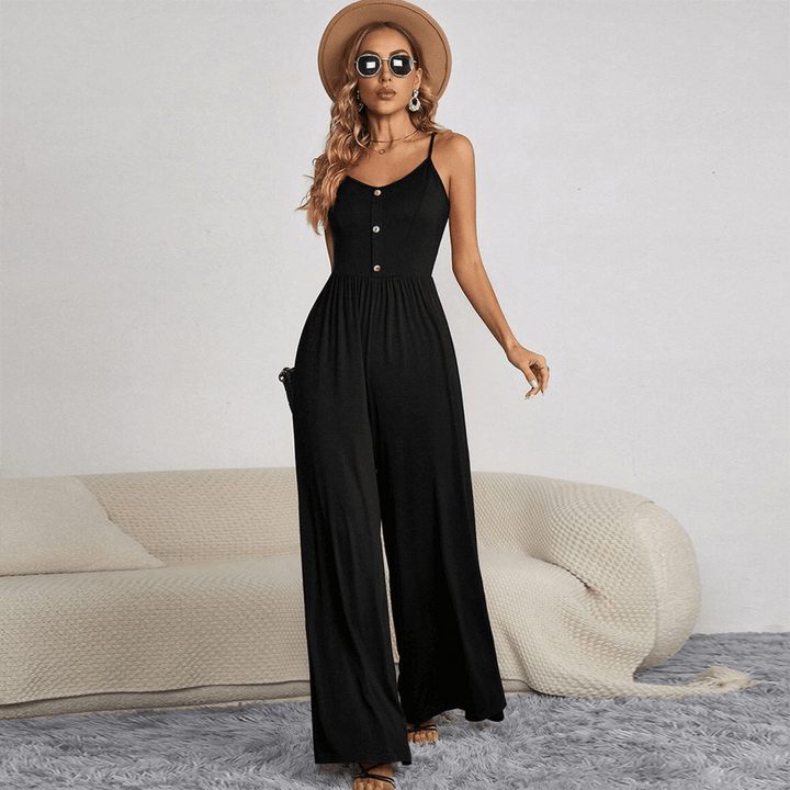 Spaghetti strap wide leg jumpsuit for women. Features a chic button front, ideal for casual or dressy occasions.