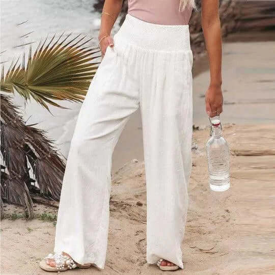 Women's wide-leg linen-blend trousers, high-waist & elastic for comfortable summer fashion. Breathable & versatile.