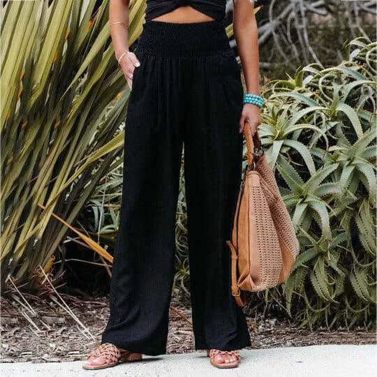 Stylish women's wide-leg linen-blend pants, high-waist with elastic band. Comfortable & versatile for casual chic outfits.