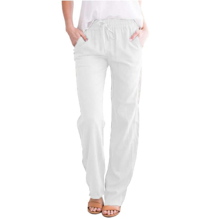 Product image of women's comfortable wide-leg linen-cotton pants with drawstring, showcasing quality.