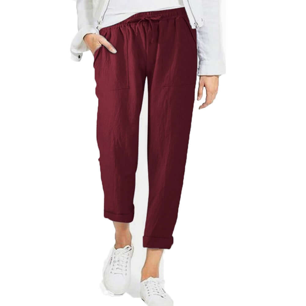 Women's loose-fit linen-cotton wide-leg drawstring pants, offering relaxed comfort & breathable style.