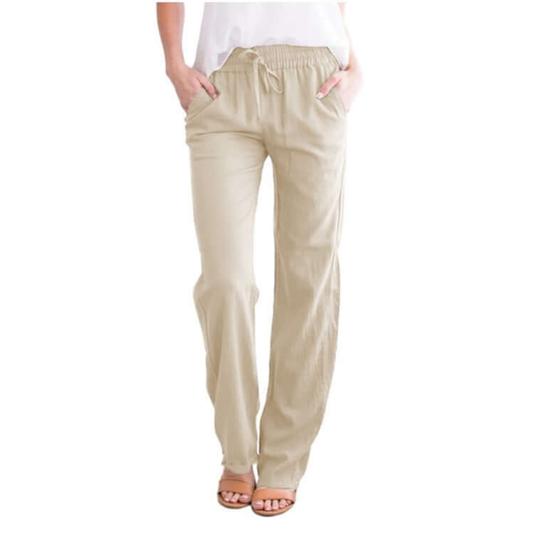Breathable women's wide-leg linen-cotton pants with adjustable drawstring, perfect for summer comfort.