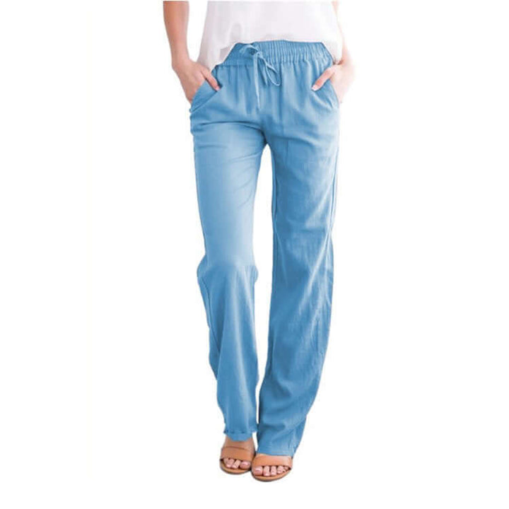 Comfortable women's linen-cotton wide-leg pants with drawstring, great for casual, breathable style.