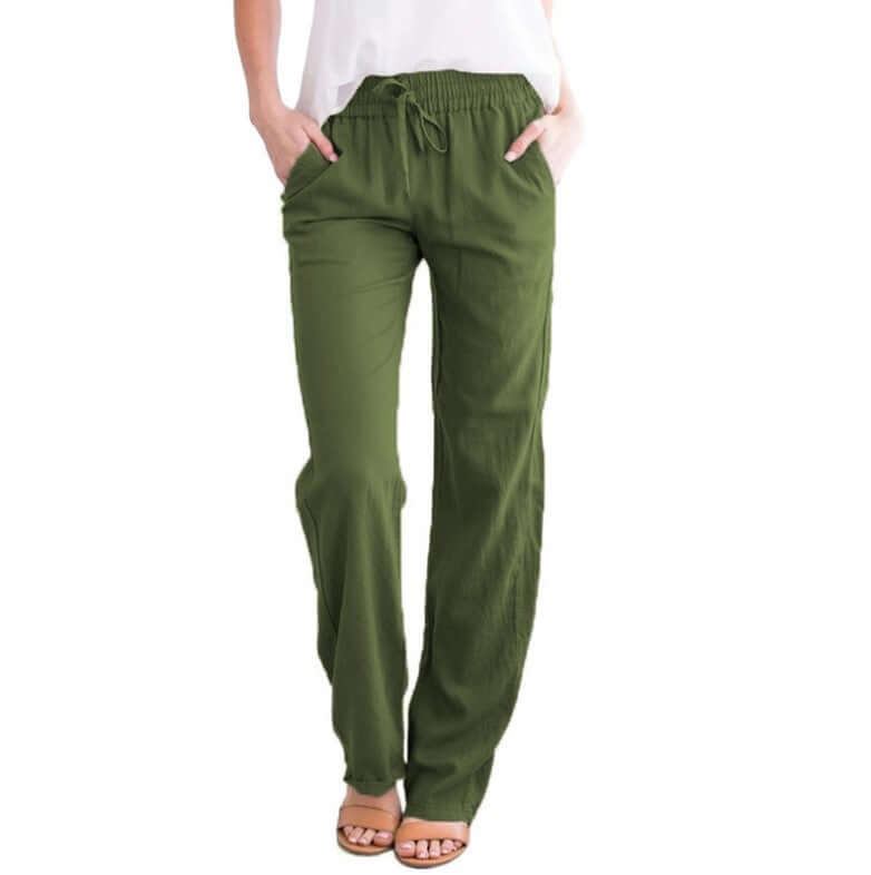 Stylish women's wide-leg linen-cotton drawstring pants, offering an elegant loose fit for any occasion.