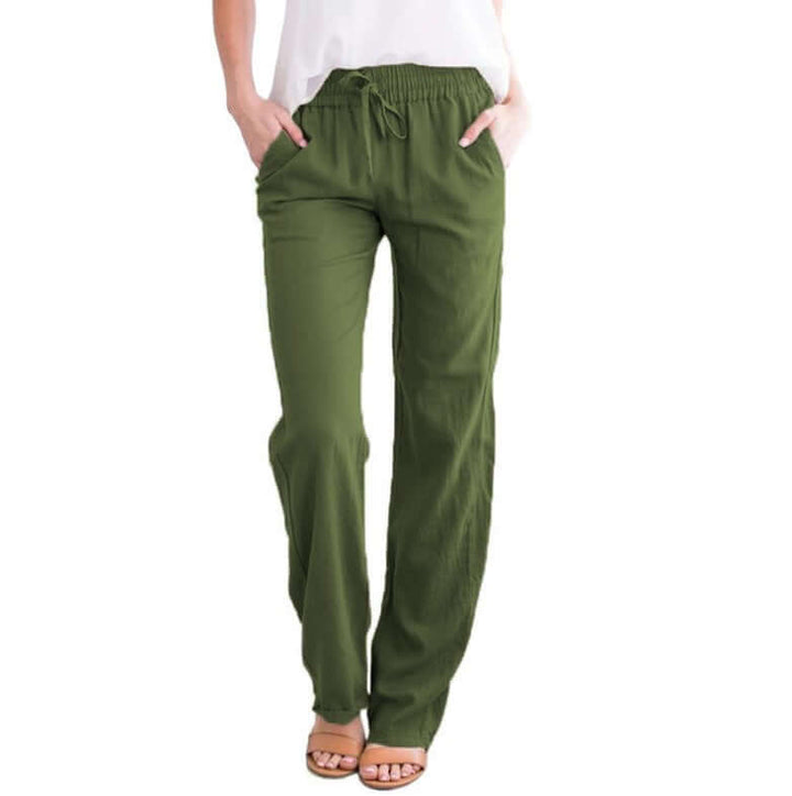 Stylish women's wide-leg linen-cotton drawstring pants, offering an elegant loose fit for any occasion.