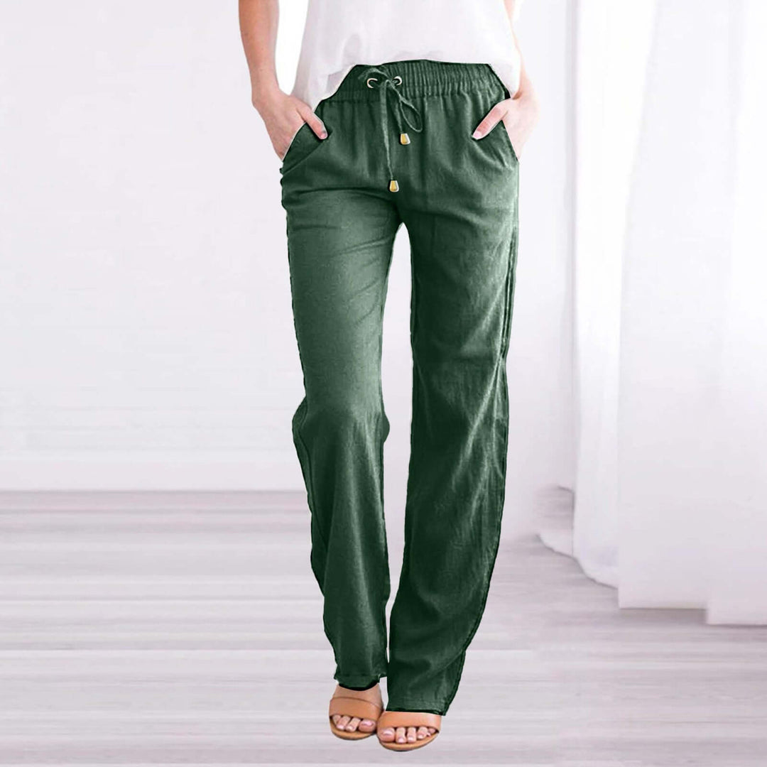 Model in women's wide-leg linen-cotton drawstring pants, highlighting their relaxed, comfortable fit.
