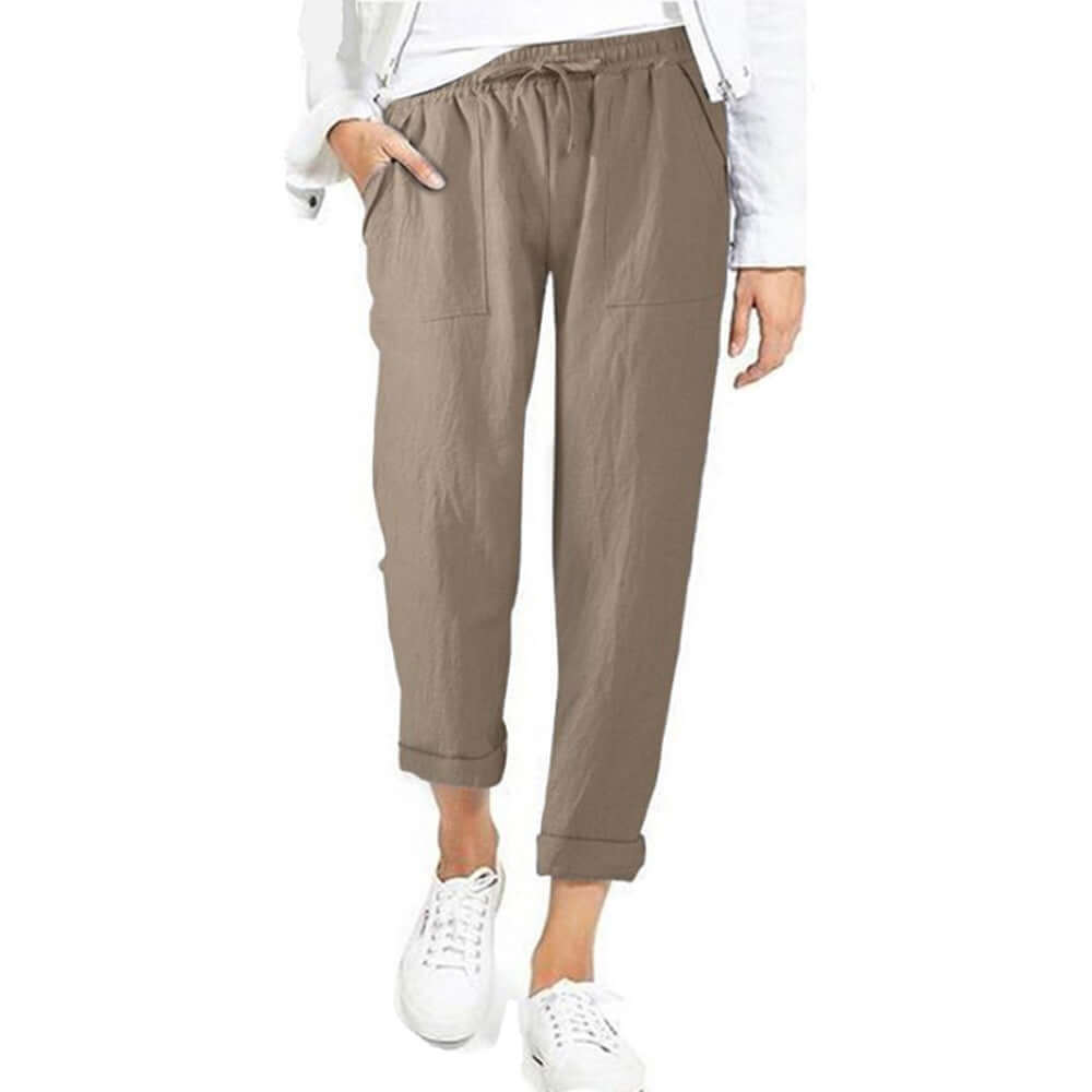 Close-up of the adjustable drawstring waist on women's wide-leg linen-cotton pants for a custom fit.