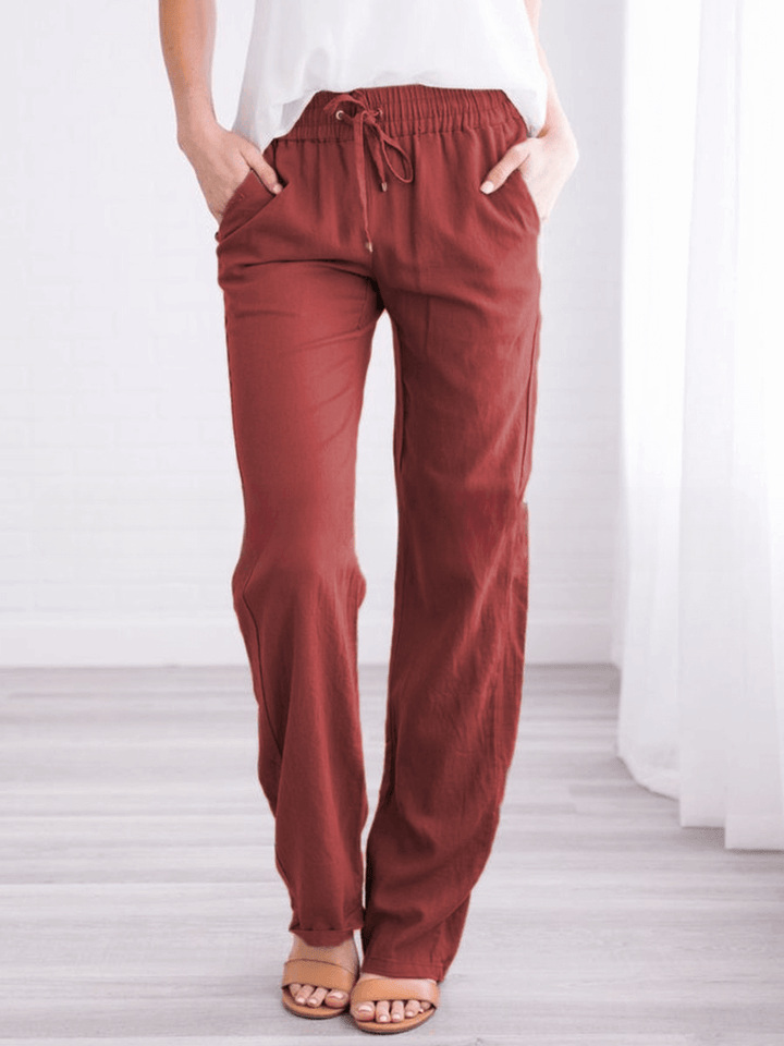 Front view: Women's comfortable wide-leg linen-cotton pants with a practical drawstring waist.
