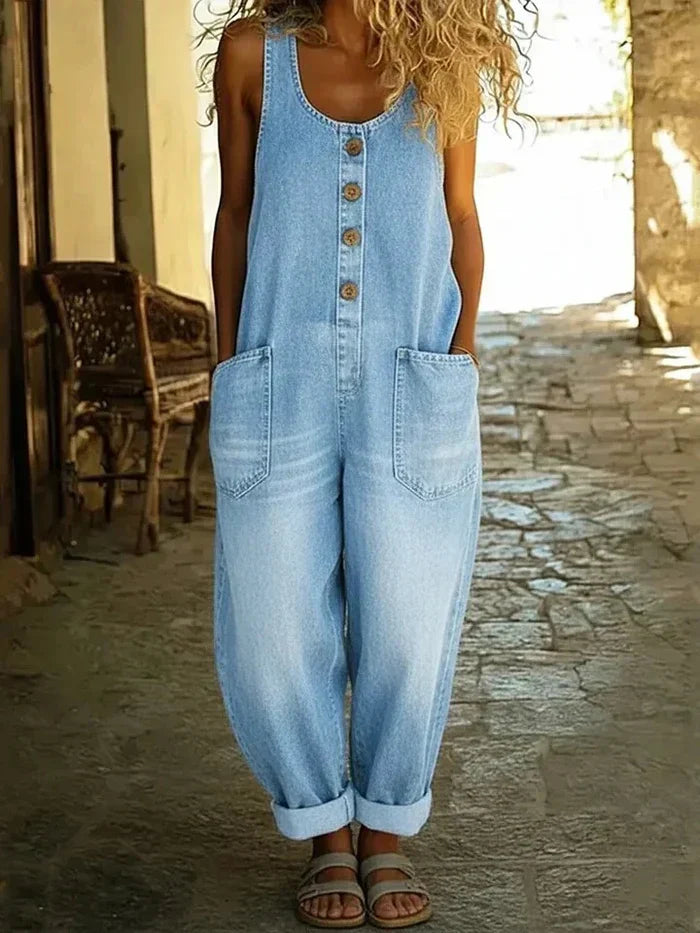 Women's wide leg overalls with button front, pockets, and a relaxed fit for casual summer style.