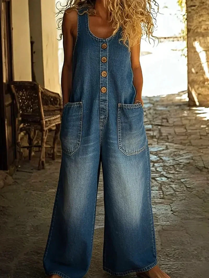Casual women's wide leg jumpsuit overalls, featuring a button front, front pockets, perfect for vacation wear.
