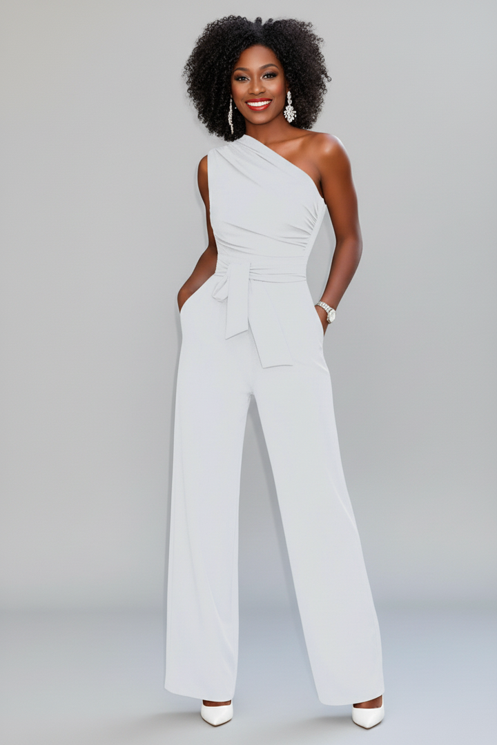 Women's wide-leg short sleeve jumpsuit with a flattering belted waist. Elegant & comfortable one-piece outfit.