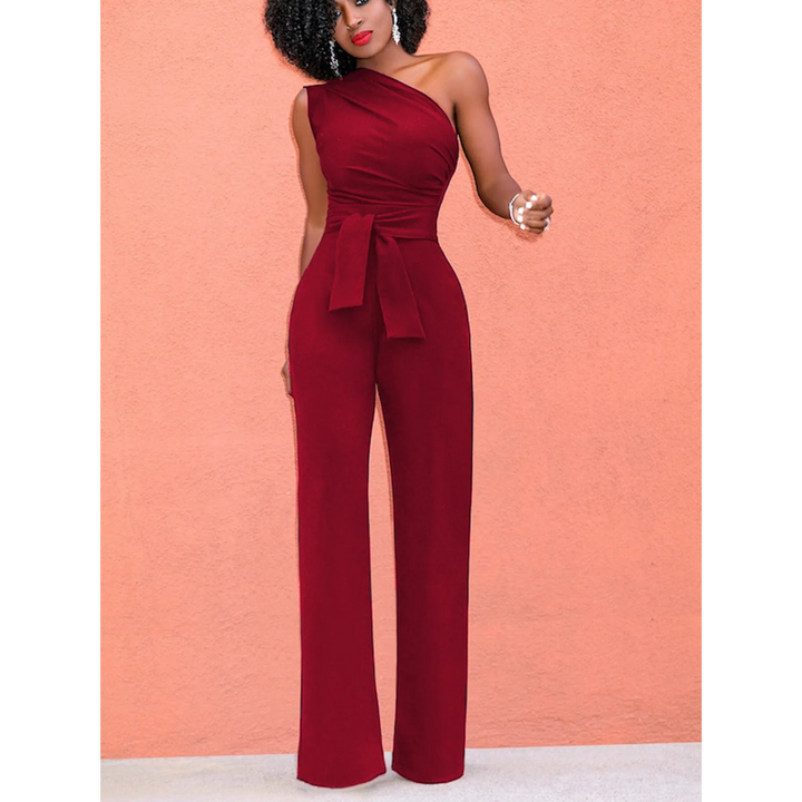 Comfortable women's wide-leg short sleeve jumpsuit. Versatile belted one-piece for casual or dressed-up occasions.