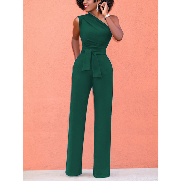 Modern women's short sleeve wide-leg jumpsuit with a flattering belted waist. Stylish & easy-to-wear one-piece.