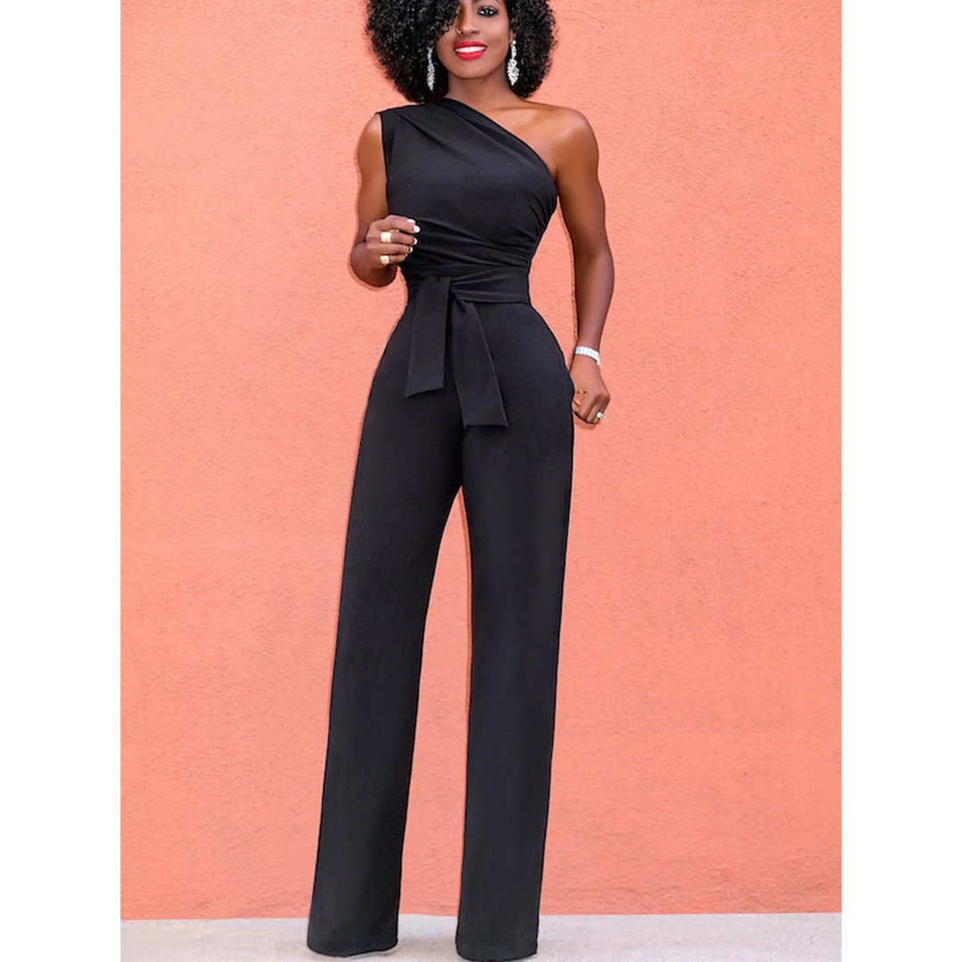 Elegant women's wide-leg short sleeve belted jumpsuit. A comfortable, stylish one-piece for versatile modern fashion.
