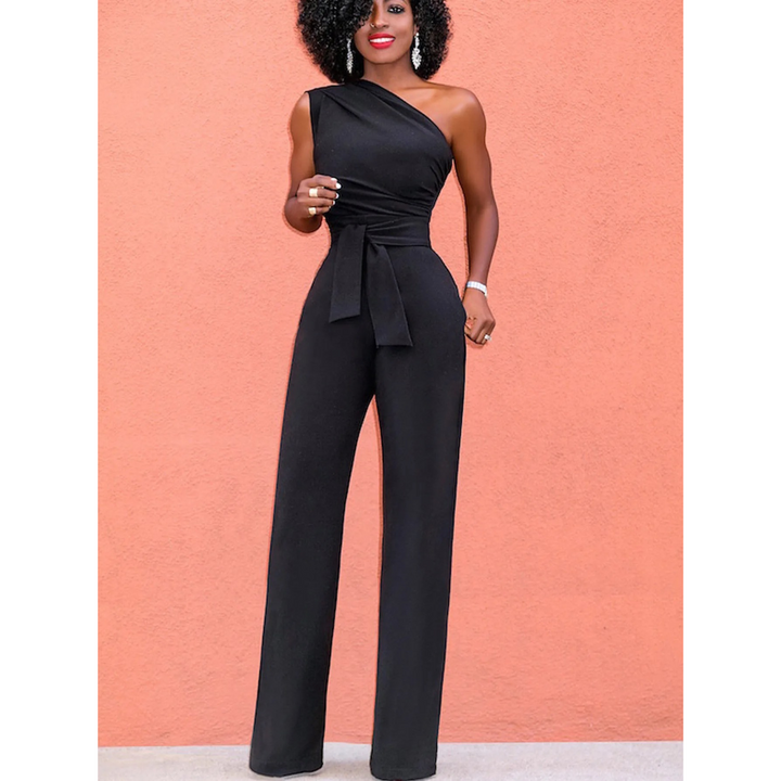 Elegant women's wide-leg short sleeve belted jumpsuit. A comfortable, stylish one-piece for versatile modern fashion.