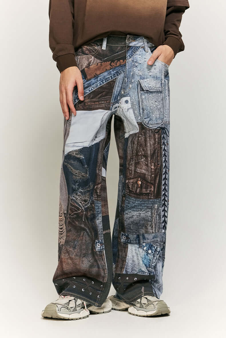 Women's wide leg trousers with vibrant patchwork print. Bohemian style fashion pants.