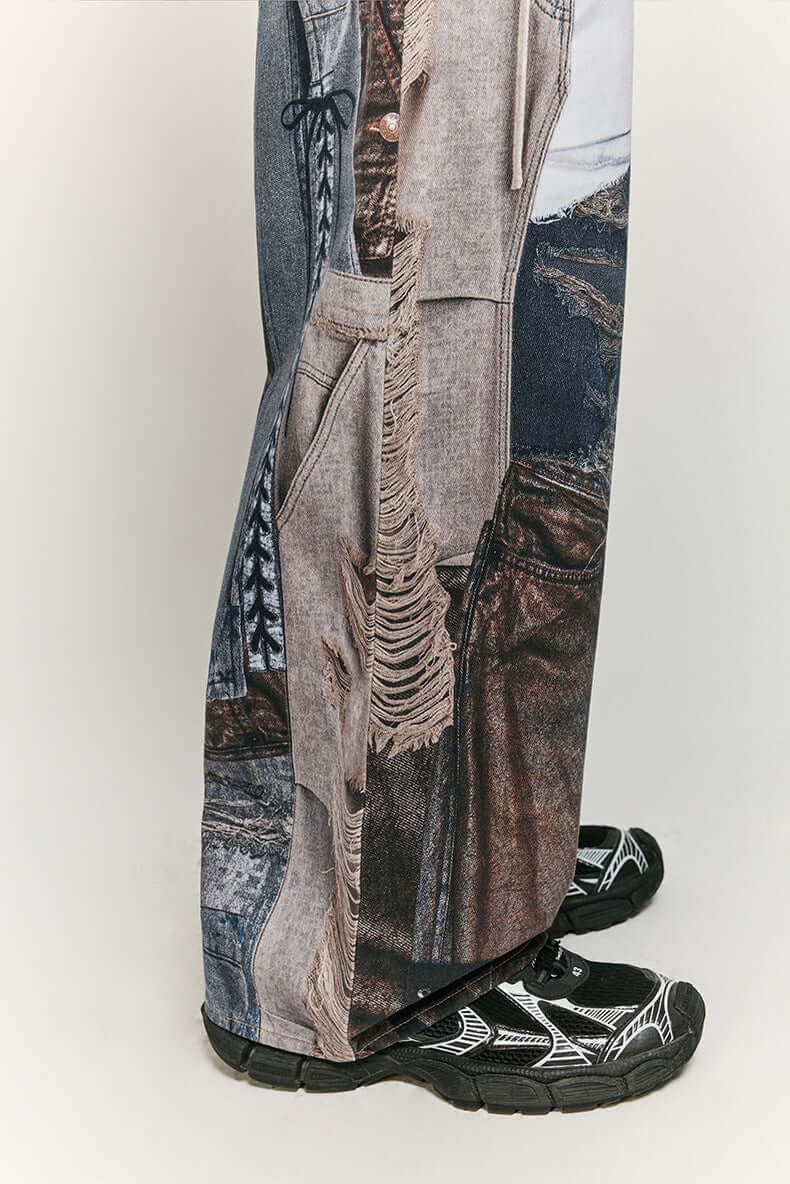Comfortable women's wide leg pants with an artistic patchwork print. Great for unique style.