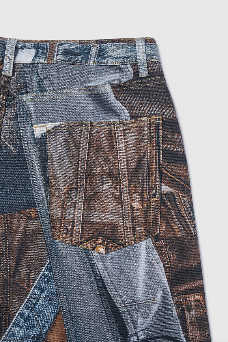 Printed women's wide leg trousers. Stylish patchwork design for a trendy, casual look.