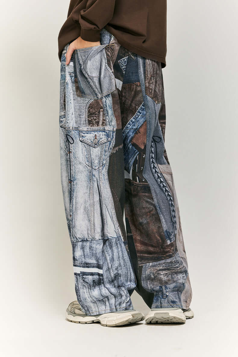 Stylish women's wide leg pants featuring a unique patchwork print design. Comfortable for casual wear.