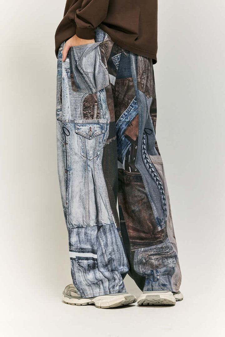 Stylish women's wide leg pants featuring a unique patchwork print design. Comfortable for casual wear.