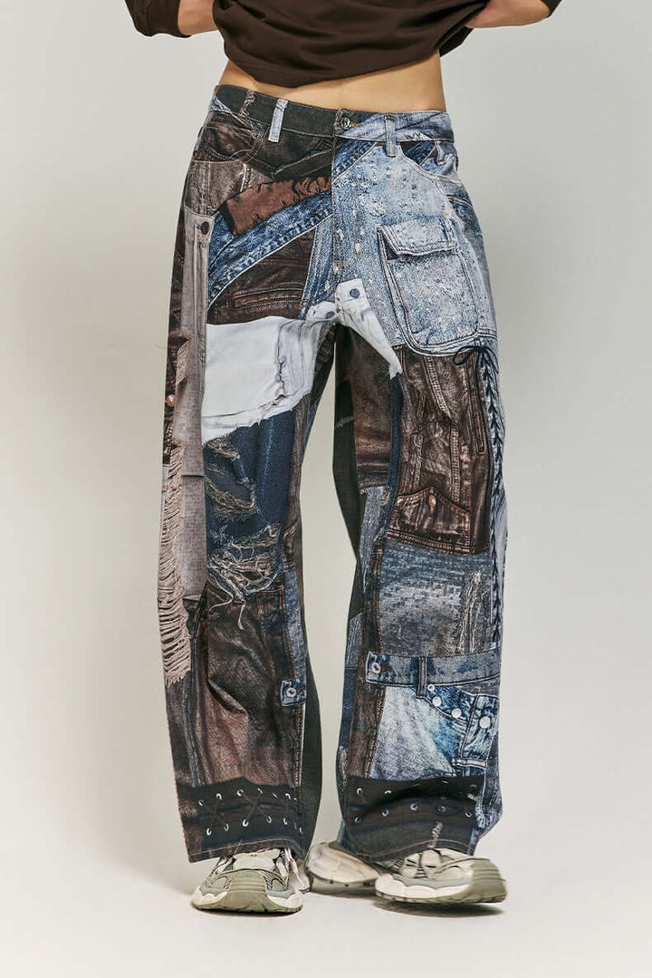 Trendy women's wide leg trousers, perfect for a bohemian look. Bold patchwork print.