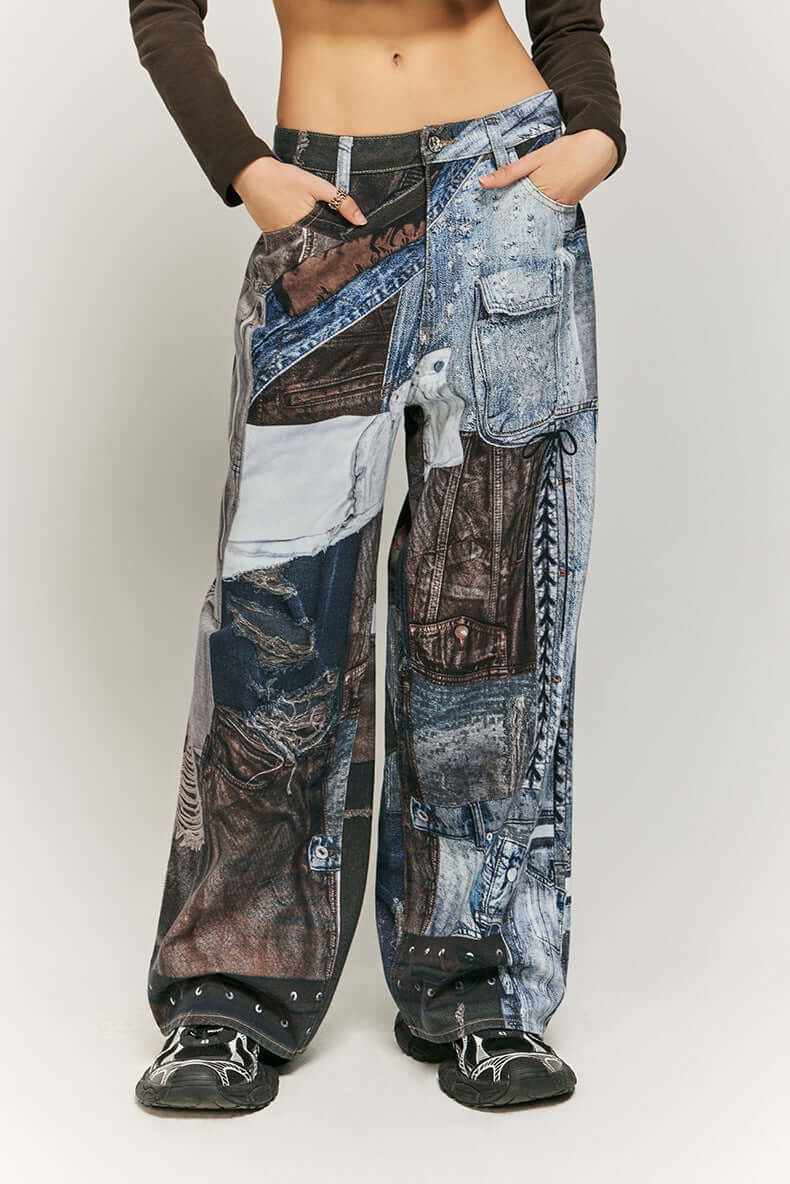 Comfortable women's pants: wide leg and eye-catching patchwork print. Unique fashion statement.