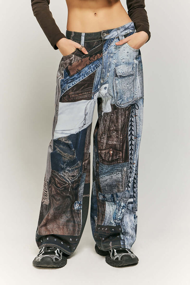 Comfortable women's pants: wide leg and eye-catching patchwork print. Unique fashion statement.