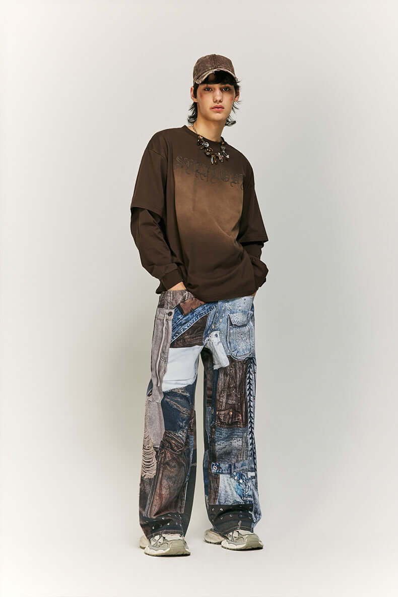 Unique women's wide leg pants with intricate patchwork pattern. Trendy and comfortable.
