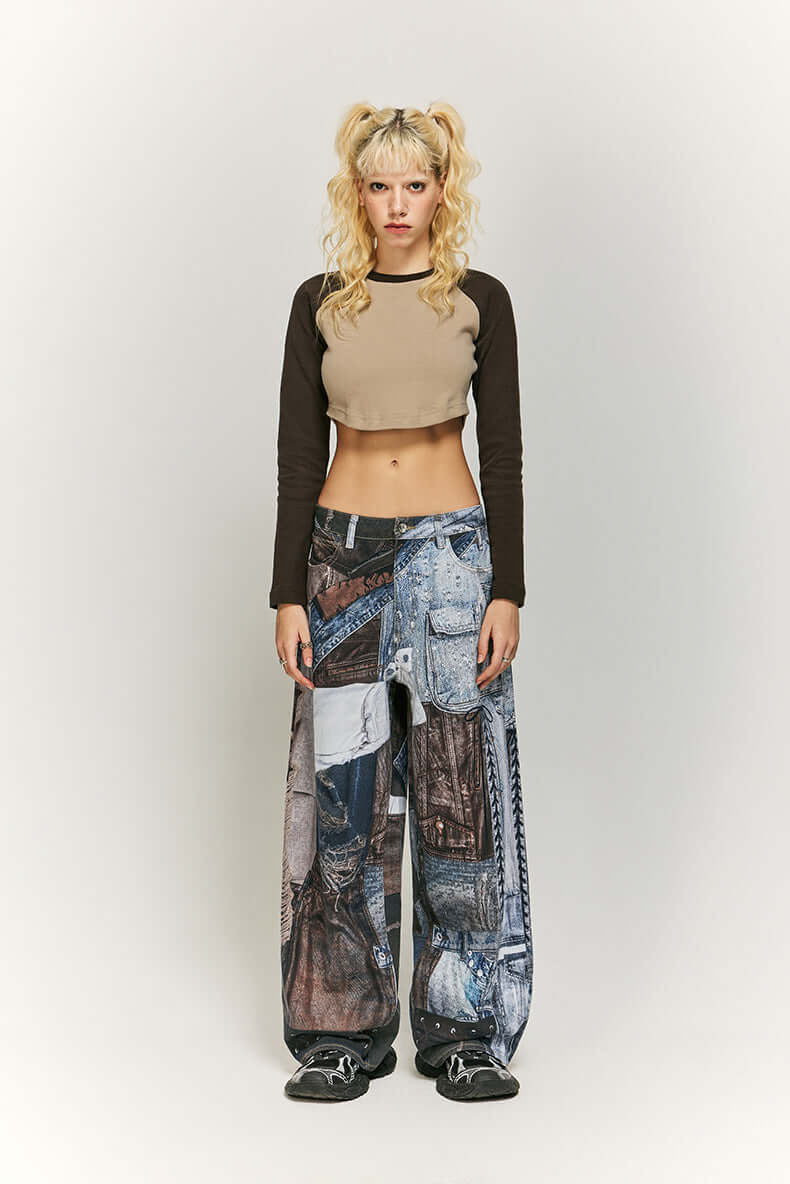 Casual yet chic women's wide leg pants. Features a colorful and unique patchwork print.
