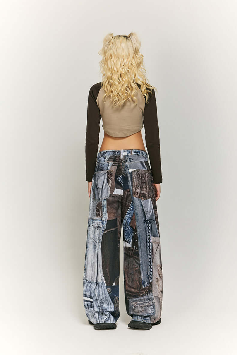 Statement women's wide leg trousers. Fashion-forward with a bold patchwork print design.