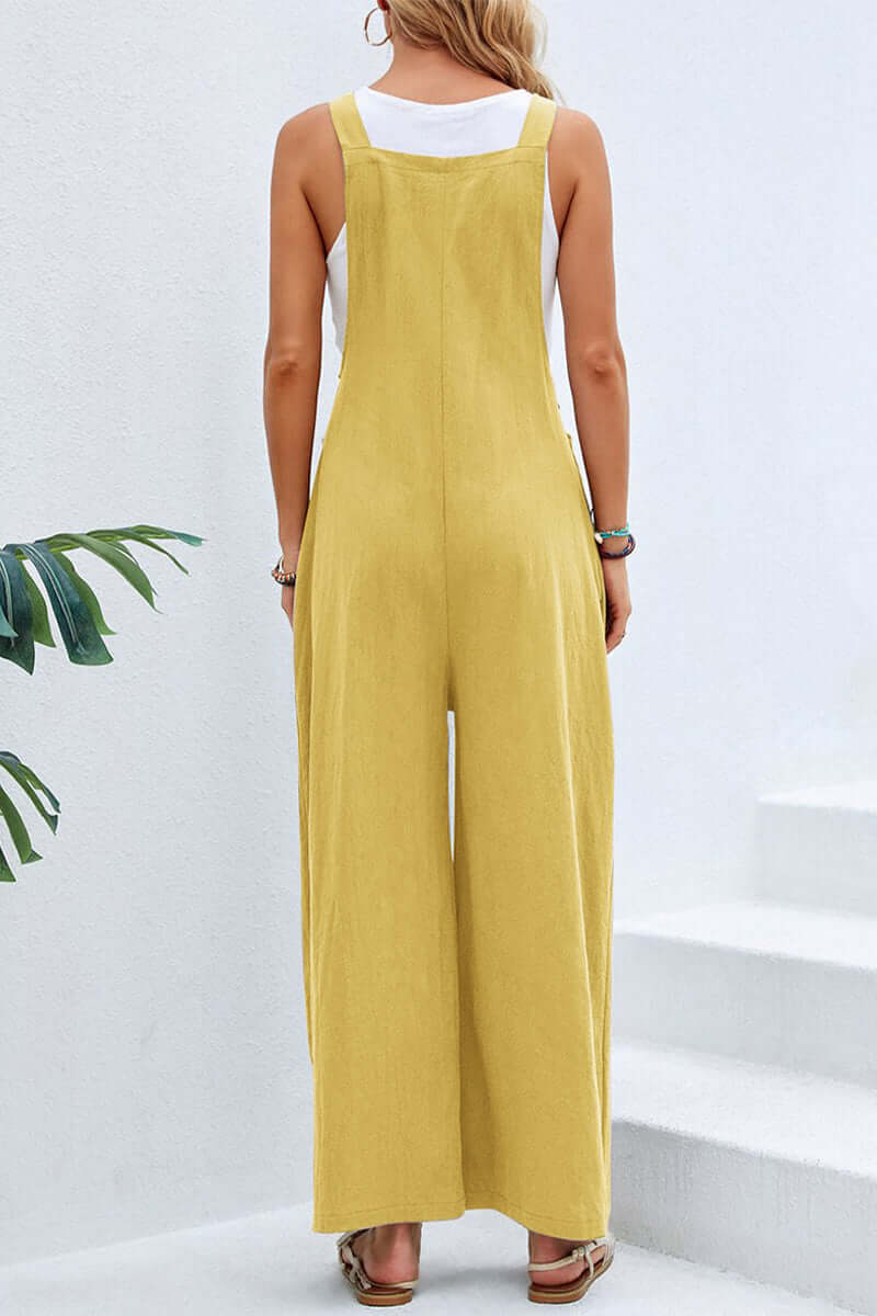 Comfortable women's wide neck jumpsuit, full length, spaghetti straps, resort chic apparel.