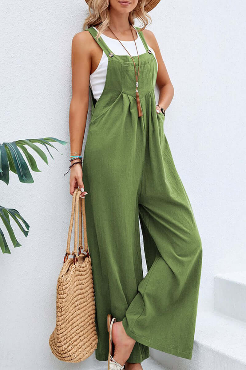 Elegant women's full-length wide neck spaghetti strap jumpsuit, perfect for resort wear.