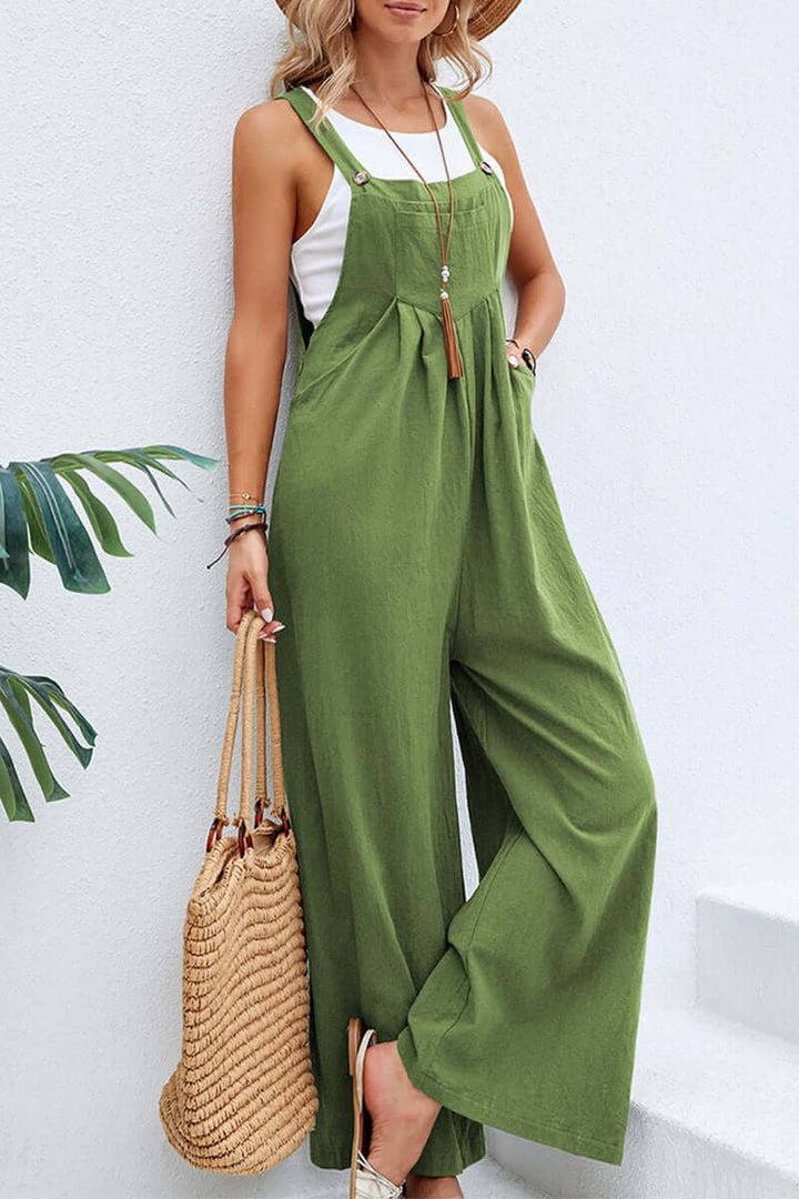 Elegant women's full-length wide neck spaghetti strap jumpsuit, perfect for resort wear.