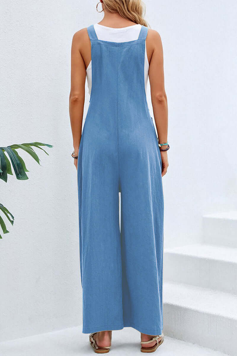 Relaxed fit women's full-length jumpsuit, wide neck, spaghetti straps, summer essential.