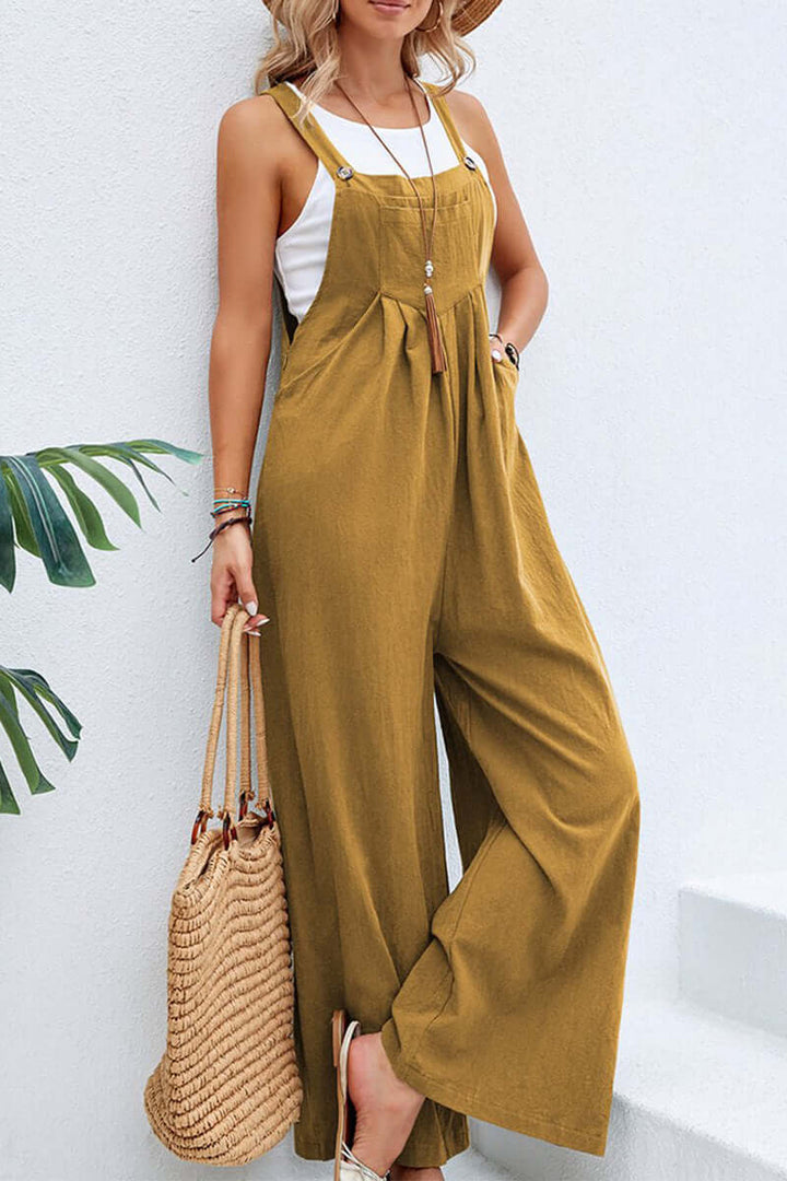 Stylish women's wide neck spaghetti strap jumpsuit, ideal for vacations and casual elegance.