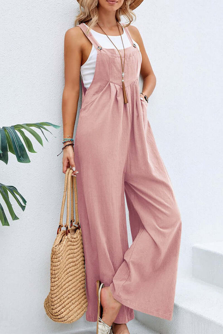 Casual women's spaghetti strap jumpsuit, solid color, relaxed fit for summer apparel.