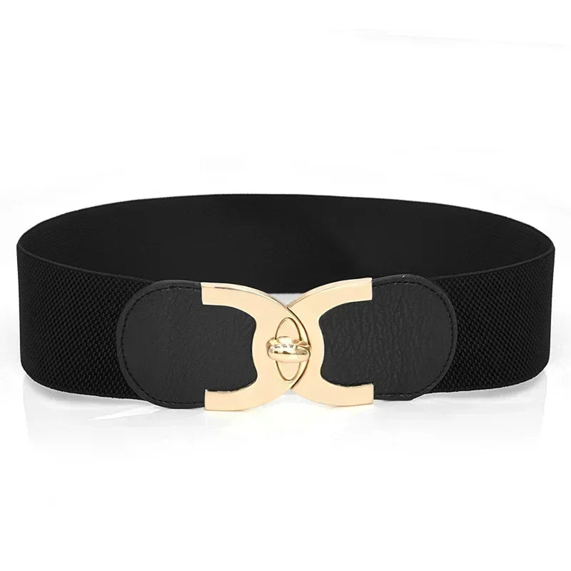 Elegant women's wide elastic belt for a Parisian chic look. Fashion accessory perfect for dresses.