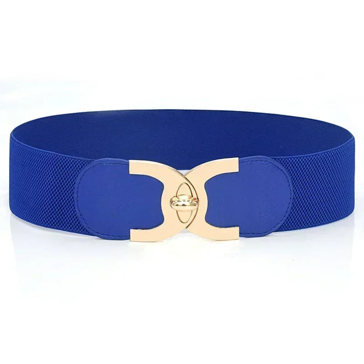 Women's wide elastic belt with Parisian chic flair. Ideal waist cinching fashion accessory for dresses.