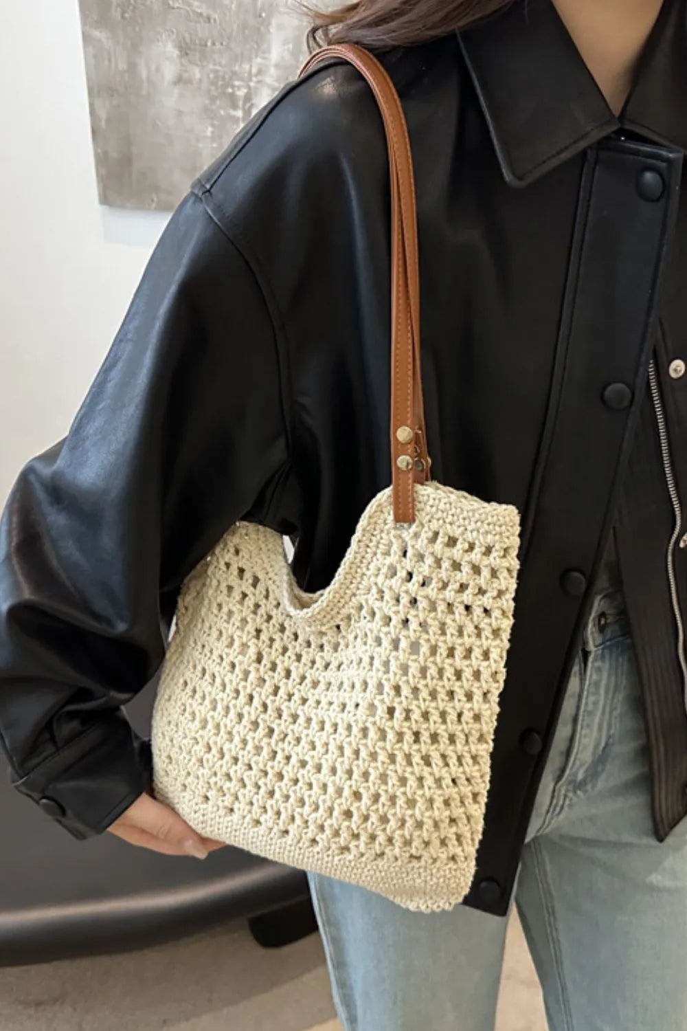Natural woven cotton shoulder tote for women, an eco-friendly & lightweight everyday bag.
